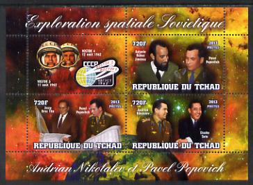 Chad 2013 Soviet Space Exploration - Andriyan Nikolayev & Pavel Popovich #1 perf sheetlet containing three values plus label unmounted mint, stamps on personalities, stamps on space