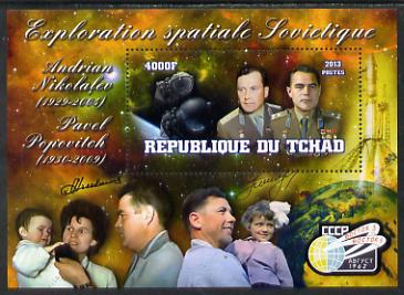 Chad 2013 Soviet Space Exploration - Andriyan Nikolayev & Pavel Popovich perf deluxe containing one value unmounted mint, stamps on personalities, stamps on space