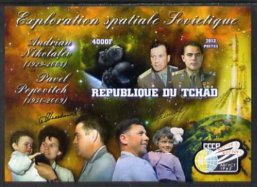 Chad 2013 Soviet Space Exploration - Andriyan Nikolayev & Pavel Popovich imperf deluxe containing one value unmounted mint, stamps on personalities, stamps on space