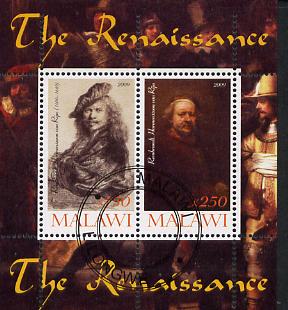 Malawi 2009 Renaissance Painters - Rembrandt perf sheetlet containing 2 values cto used, stamps on renaissance, stamps on arts, stamps on rembrandt