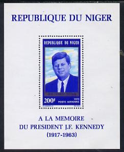 Niger Republic 1973 Tenth Death Anniversary of John Kennedy perf m/sheet unmounted mint. Note this item is privately produced and is offered purely on its thematic appeal SG MS 512, stamps on , stamps on  stamps on personalities, stamps on  stamps on kennedy, stamps on  stamps on usa presidents, stamps on  stamps on americana