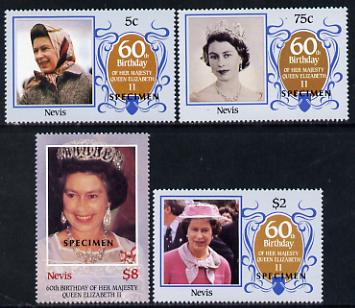 Nevis 1986 Queens 60th Birthday set of 4 each overprinted SPECIMEN unmounted mint SG 384s-7s, stamps on royalty