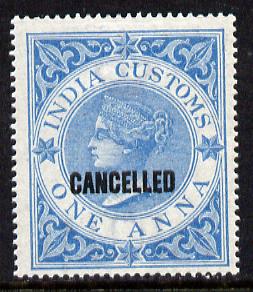 India 1860 QV Customs 1a blue opt'd CANCELLED unmounted mint, stamps on , stamps on  stamps on , stamps on  stamps on  qv , stamps on  stamps on revenues