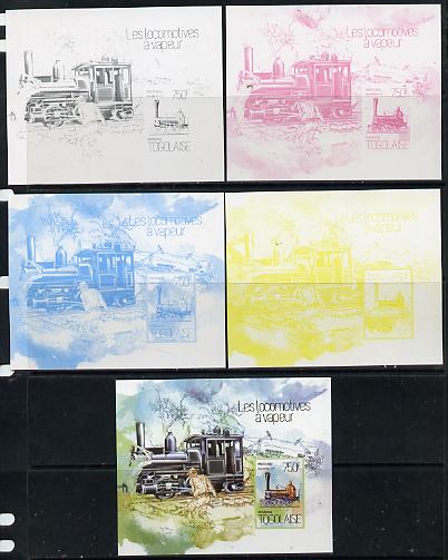 Togo 2013 Locomotives - Govan & Marx 4-4-0 deluxe sheet - the set of 5 imperf progressive proofs comprising the 4 individual colours plus all 4-colour composite, unmounte..., stamps on railways