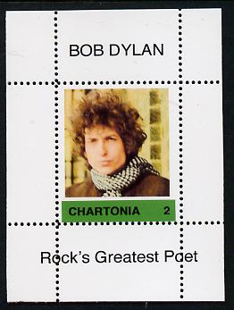 Chartonia (Fantasy) Bob Dylan - Rock's Greatest Poet #2 perf deluxe sheet on thin glossy card unmounted mint, stamps on personalities, stamps on music, stamps on pops, stamps on rock, stamps on dylan