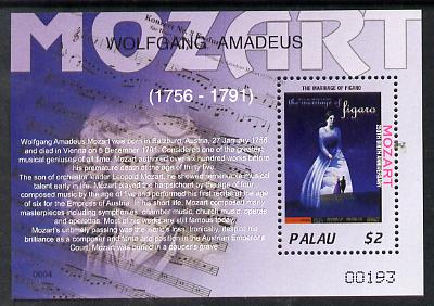 Palau 2006 250th Birth Anniversary of Mozart perf m/sheet unmounted mint SG MS 2197, stamps on , stamps on  stamps on personalities, stamps on  stamps on mozart, stamps on  stamps on music, stamps on  stamps on composers, stamps on  stamps on masonics, stamps on  stamps on masonry