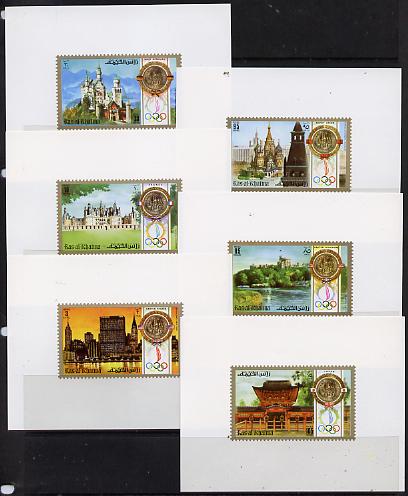 Ras Al Khaima 1972 Munich Summer Olympics (Views with white background) set of 6 imperf individual deluxe miniature sheets unmounted mint, as Michel 759-64, stamps on olympics, stamps on tourism, stamps on 