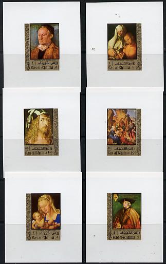 Ras Al Khaima 1971 Paintings by Durer (with Owl in margin) set of 6 imperf individual deluxe miniature sheets unmounted mint, as Michel 759-64, stamps on arts, stamps on birds, stamps on owls, stamps on birds of prey, stamps on durer, stamps on renaissance
