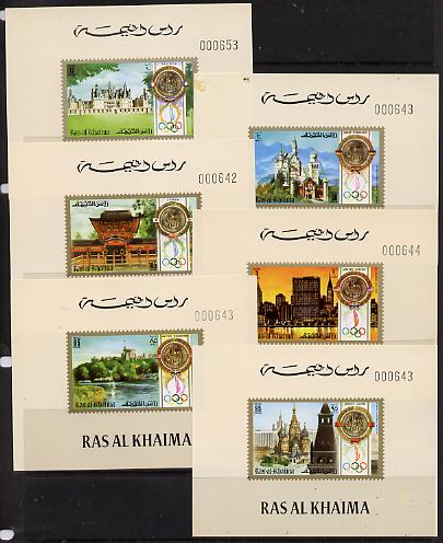 Ras Al Khaima 1972 Munich Summer Olympics (Views with cream background) set of 6 imperf individual deluxe miniature sheets unmounted mint, as Michel 759-64, corner stain ..., stamps on olympics, stamps on tourism, stamps on 