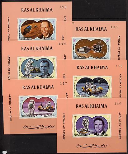 Ras Al Khaima 1971 Space Research - Apollo 15 set of 6 imperf individual deluxe miniature sheets unmounted mint, as Michel 561-6, stamps on , stamps on  stamps on space, stamps on  stamps on apollo, stamps on  stamps on rockets