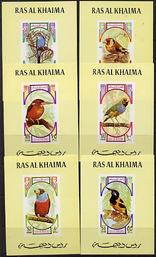 Ras Al Khaima 1972 Birds set of 6 imperf individual deluxe miniature sheets unmounted mint, as Michel 593-8, stamps on , stamps on  stamps on birds