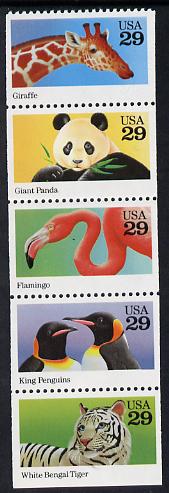 United States 1992 Animals se-tenant booklet pane of 5 unmounted mint SG 2752a, stamps on , stamps on  stamps on animals, stamps on  stamps on giraffes, stamps on  stamps on pandas, stamps on  stamps on bears, stamps on  stamps on flamingoes, stamps on  stamps on penguins, stamps on  stamps on tigers