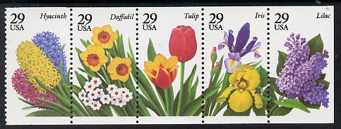 United States 1993 Garden Flowers se-tenant booklet pane of 5 unmounted mint SG 2795a, stamps on flowers
