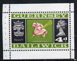 Booklet - Guernsey 1969 Lily & Henry V 4d Booklet Pane (stamp with margins all round) SG 18a, stamps on , stamps on  stamps on flowers     royalty