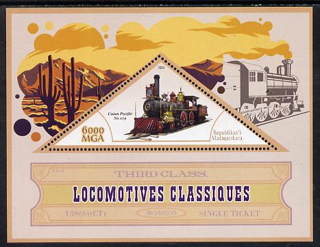 Madagascar 2014 Classic Locomotives - Union Pacific #119 perf s/sheet containing one triangular-shaped value unmounted mint , stamps on , stamps on  stamps on shaped, stamps on  stamps on railways, stamps on  stamps on triangular, stamps on  stamps on cacti, stamps on  stamps on cactus