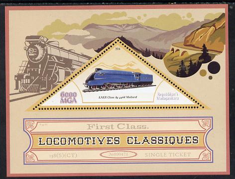 Madagascar 2014 Classic Locomotives - LNER A4 Pacific perf s/sheet containing one triangular-shaped value unmounted mint , stamps on shaped, stamps on railways, stamps on triangular