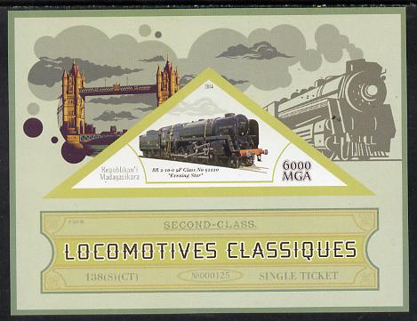 Madagascar 2014 Classic Locomotives - BR 9F Evening Star imperf s/sheet containing one triangular-shaped value unmounted mint , stamps on , stamps on  stamps on shaped, stamps on  stamps on railways, stamps on  stamps on triangular, stamps on  stamps on bridges