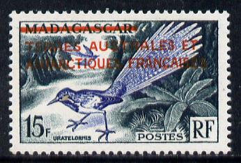 French Southern & Antarctic Territories 1955 Overprint on Madagascar 15f unmounted mint SG 1, stamps on , stamps on  stamps on polar, stamps on  stamps on birds