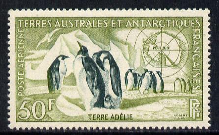 French Southern & Antarctic Territories 1956-60 Emperor Penguins 50f unmounted mint SG 16, stamps on polar, stamps on birds