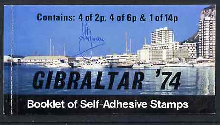 Gibraltar 1974 Centenary of UPU 46p self-adhesive booklet, front cover signed by A Ryman (the designer) SG SB3, stamps on , stamps on  stamps on upu     postbox     self adhesive     tobacco, stamps on  stamps on  upu , stamps on  stamps on 