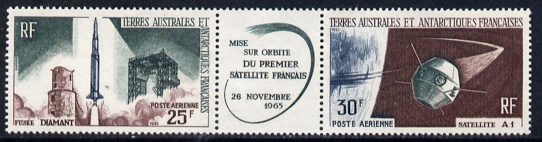 French Southern & Antarctic Territories 1966 Launching of First French Satellite strip of 3 (2 stamps plus label) unmounted mint SG 40a, stamps on , stamps on  stamps on polar, stamps on  stamps on satellites