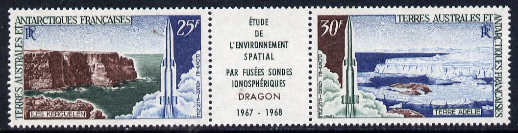 French Southern & Antarctic Territories 1968 Launching of Dragon Space Rockets strip of 3 (2 stamps plus label) unmounted mint SG 47a, stamps on , stamps on  stamps on polar, stamps on  stamps on satellites, stamps on  stamps on space, stamps on  stamps on rockets