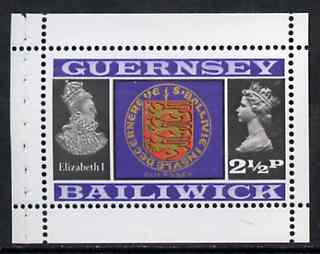 Guernsey 1973 Arms & Elizabeth I 2.5p Booklet Pane (stamp with margins all round) SG 48ba, stamps on , stamps on  stamps on arms, stamps on  stamps on heraldry     royalty    drake