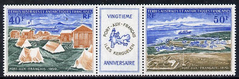 French Southern & Antarctic Territories 1971 Port-aua-Francais perf strip (2 values plus label) unmounted mint SG 69a, stamps on , stamps on  stamps on polar, stamps on  stamps on tourism