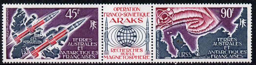 French Southern & Antarctic Territories 1975 ARAKS Research Project perf strip (2 values plus label) unmounted mint SG 96a, stamps on , stamps on  stamps on polar, stamps on  stamps on rockets