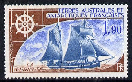 French Southern & Antarctic Territories 1976 La Curieuse (topsail schooner) 1f90 unmounted mint SG 104, stamps on polar, stamps on ships
