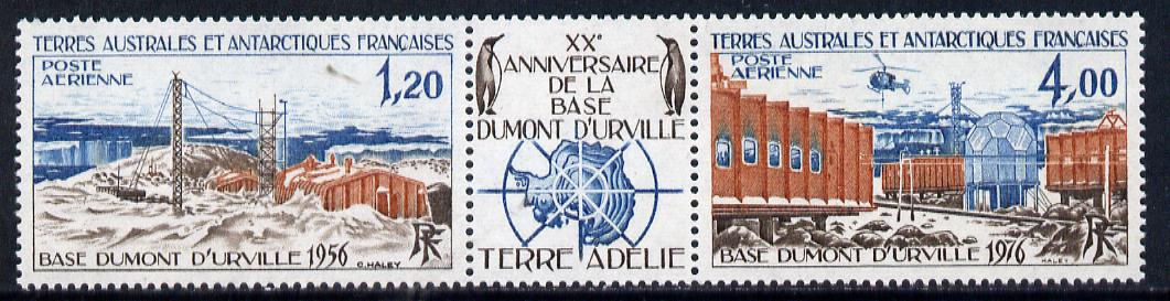 French Southern & Antarctic Territories 1976 20th Anniversary of Dumont DUrville Base perf strip (2 values plus label) unmounted mint SG 107a, stamps on polar, stamps on penguins