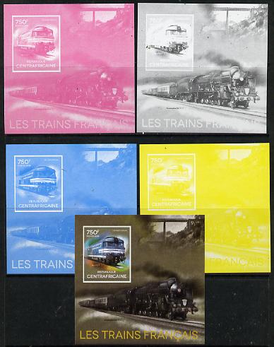 Central African Republic 2014 Trains of France #2 deluxe sheetlet - the set of 5 imperf progressive proofs comprising the 4 individual colours plus all 4-colour composite, unmounted mint , stamps on , stamps on  stamps on railways