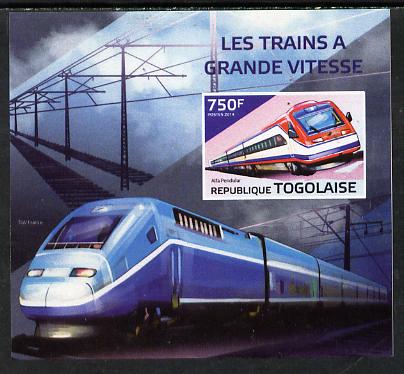 Togo 2014 High-Speed Trains #2 imperf deluxe sheetlet unmounted mint. Note this item is privately produced and is offered purely on its thematic appeal, stamps on , stamps on  stamps on railways