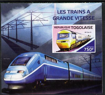 Togo 2014 High-Speed Trains #3 imperf deluxe sheetlet unmounted mint. Note this item is privately produced and is offered purely on its thematic appeal, stamps on , stamps on  stamps on railways