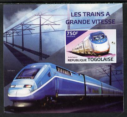 Togo 2014 High-Speed Trains #4 imperf deluxe sheetlet unmounted mint. Note this item is privately produced and is offered purely on its thematic appeal, stamps on , stamps on  stamps on railways