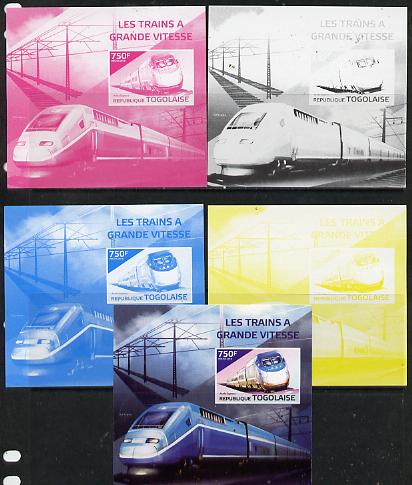Togo 2014 High-Speed Trains #4 deluxe sheetlet - the set of 5 imperf progressive proofs comprising the 4 individual colours plus all 4-colour composite, unmounted mint , stamps on , stamps on  stamps on railways