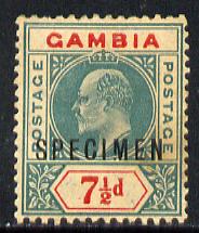 Gambia 1904-06 KE7 MCA 7.5d overprinted SPECIMEN showing the broken M variety with gum but overall toning SG 65s (only 13 can exist), stamps on , stamps on  stamps on , stamps on  stamps on  ke7 , stamps on  stamps on 