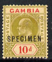 Gambia 1904-06 KE7 MCA 10d overprinted SPECIMEN showing the club-foot M variety with gum but overall toning SG 66s (only 13 can exist), stamps on , stamps on  stamps on , stamps on  stamps on  ke7 , stamps on  stamps on 