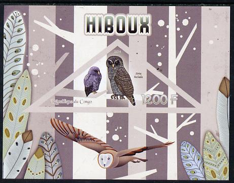 Congo 2014 Owls imperf s/sheet containing one triangular-shaped value unmounted mint , stamps on , stamps on  stamps on shaped, stamps on  stamps on triangular, stamps on  stamps on birds.birds of prey, stamps on  stamps on owls
