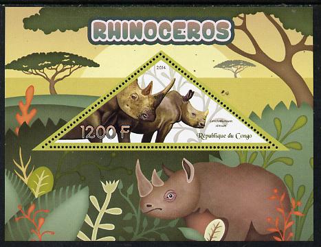 Congo 2014 Rhinos perf s/sheet containing one triangular-shaped value unmounted mint , stamps on shaped, stamps on triangular, stamps on animals, stamps on rhinos