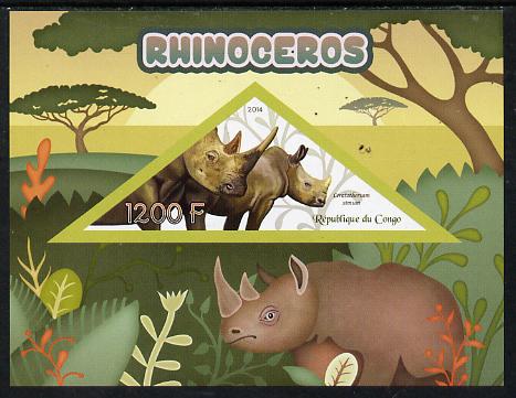 Congo 2014 Rhinos imperf s/sheet containing one triangular-shaped value unmounted mint , stamps on , stamps on  stamps on shaped, stamps on  stamps on triangular, stamps on  stamps on animals, stamps on  stamps on rhinos