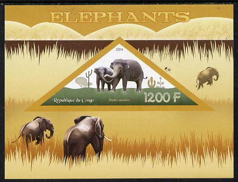 Congo 2014 Elephants imperf s/sheet containing one triangular-shaped value unmounted mint , stamps on shaped, stamps on triangular, stamps on animals, stamps on elephants