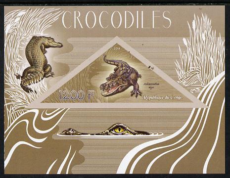 Congo 2014 Crocodiles imperf s/sheet containing one triangular-shaped value unmounted mint , stamps on , stamps on  stamps on shaped, stamps on  stamps on triangular, stamps on  stamps on reptiles, stamps on  stamps on crocodiles