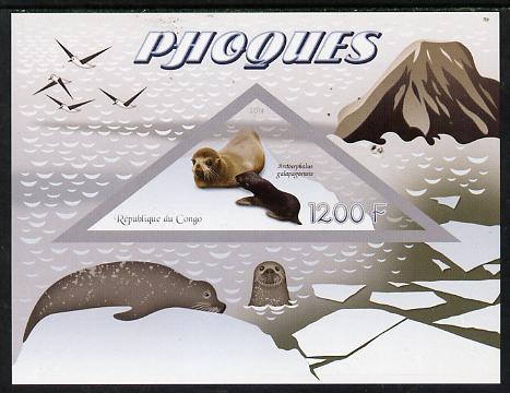 Congo 2014 Seals imperf s/sheet containing one triangular-shaped value unmounted mint , stamps on , stamps on  stamps on shaped, stamps on  stamps on triangular, stamps on  stamps on animals, stamps on  stamps on marine, stamps on  stamps on seals