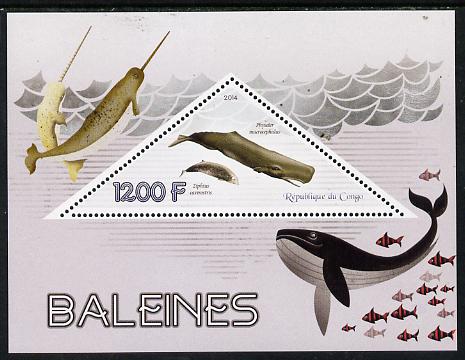 Congo 2014 Whales perf s/sheet containing one triangular-shaped value unmounted mint , stamps on , stamps on  stamps on shaped, stamps on  stamps on triangular, stamps on  stamps on animals, stamps on  stamps on marine, stamps on  stamps on whales