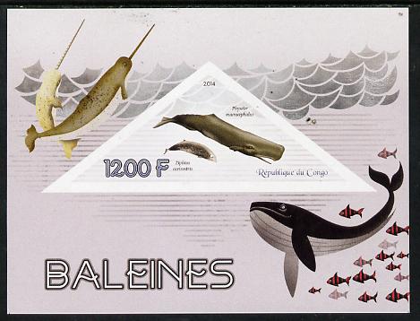 Congo 2014 Whales imperf s/sheet containing one triangular-shaped value unmounted mint , stamps on shaped, stamps on triangular, stamps on animals, stamps on marine, stamps on whales