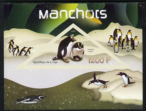 Congo 2014 Penguins imperf s/sheet containing one triangular-shaped value unmounted mint , stamps on shaped, stamps on triangular, stamps on birds.penguins