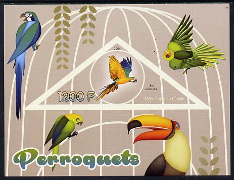 Congo 2014 Parrots imperf s/sheet containing one triangular-shaped value unmounted mint , stamps on shaped, stamps on triangular, stamps on birds.parrots