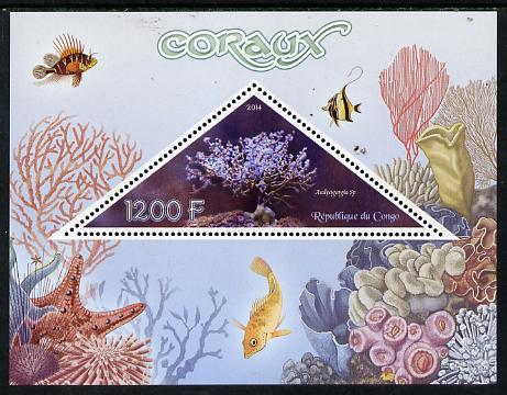 Congo 2014 Coral perf s/sheet containing one triangular-shaped value unmounted mint , stamps on shaped, stamps on triangular, stamps on coral, stamps on marine life