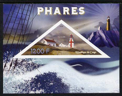 Congo 2014 Lighthouses imperf s/sheet containing one triangular-shaped value unmounted mint , stamps on shaped, stamps on triangular, stamps on lighthouses